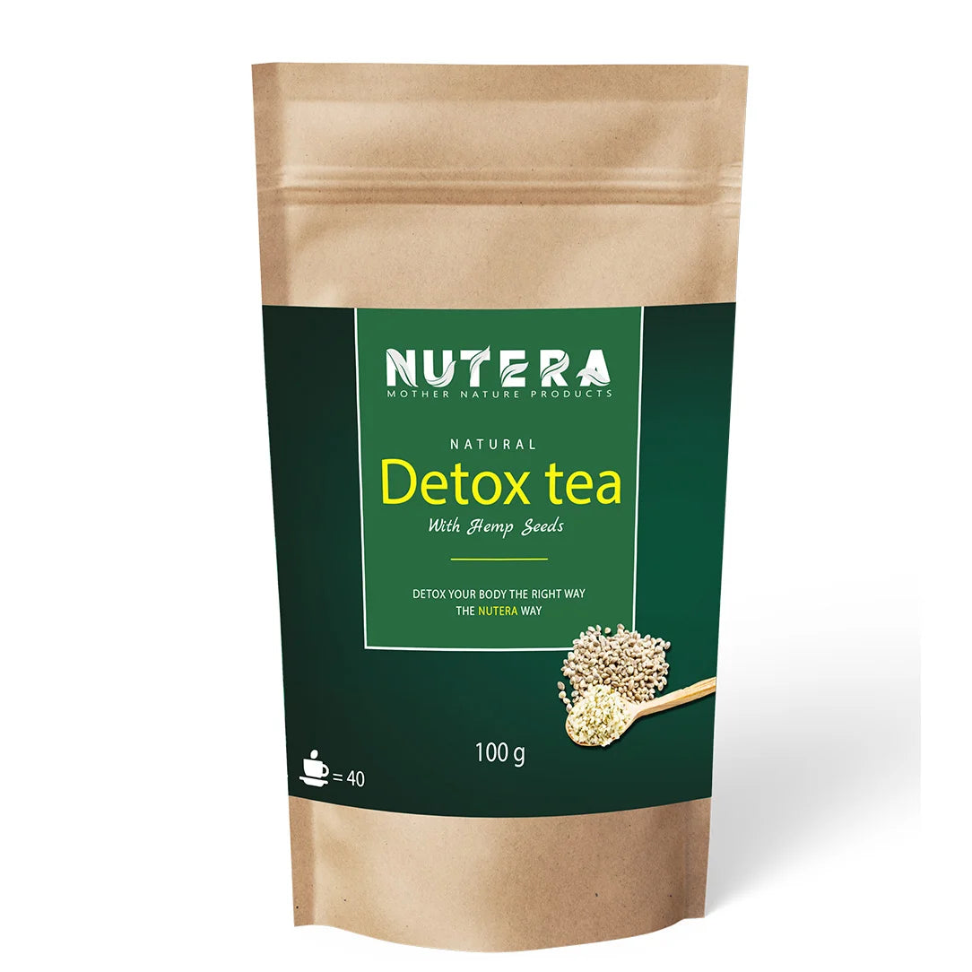 Nutera natural detox tea with hemp seeds in kraft stand-up pouch, green label, 100g herbal tea packaging