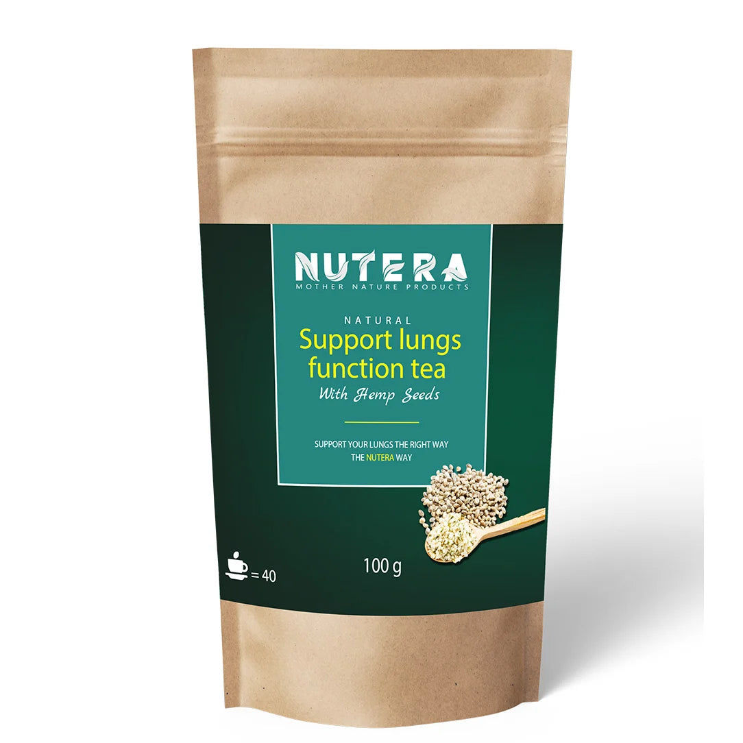 Nutera natural support lungs function tea with hemp seeds in kraft stand-up pouch, green label, 100g herbal tea