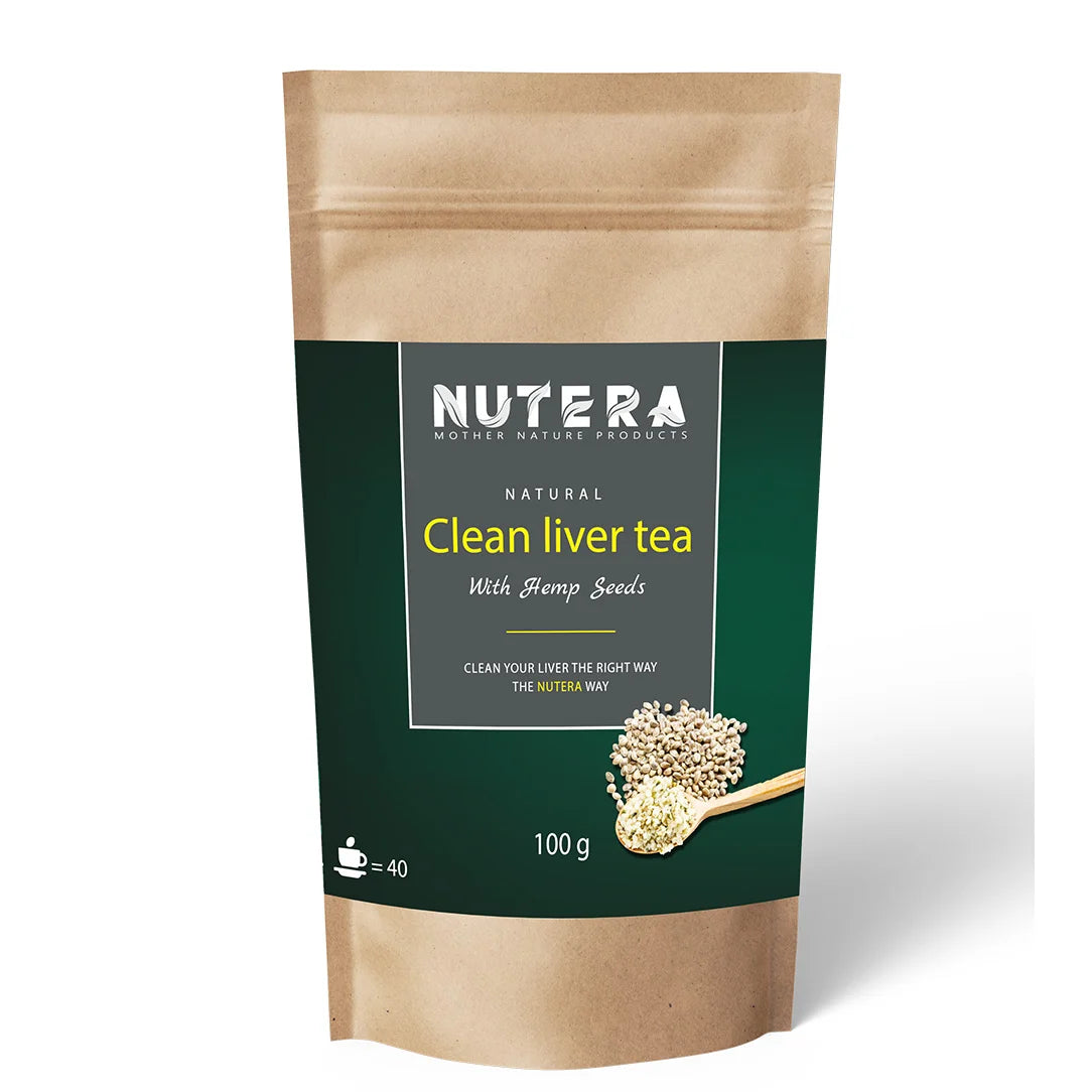 Nutera natural clean liver tea with hemp seeds in kraft stand-up pouch, dark green label, 100g herbal tea packaging