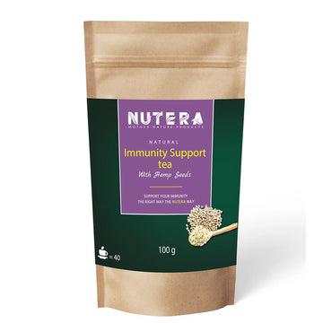 Nutera natural immunity support tea with hemp seeds in kraft stand-up pouch, purple label, 100g herbal tea