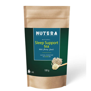 Nutera natural sleep support tea with hemp seeds in kraft stand-up pouch, blue label, 100g herbal tea packaging