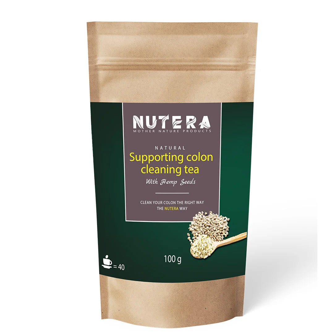 Nutera natural supporting colon cleaning tea with hemp seeds in kraft stand-up pouch, brown label, 100g herbal tea
