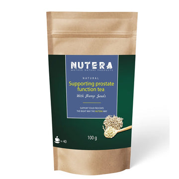 Nutera natural supporting prostate function tea with hemp seeds in kraft stand-up pouch, blue label, 100g herbal tea