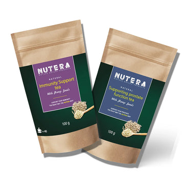 Nutera herbal teas immunity support and supporting prostate function with hemp seeds, kraft stand-up pouches