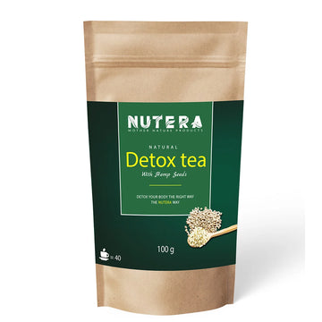 Nutera natural detox tea with hemp seeds in kraft stand-up pouch, green label, 100g herbal tea packaging